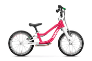 A pink Woom GO 1 PLUS Kids Balance Bike with 14-inch wheels, designed for children aged 3 and up.